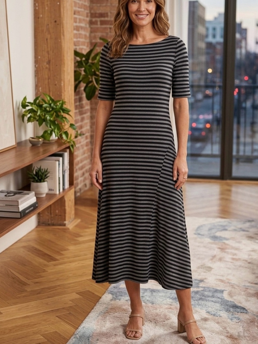 New RALPH LAUREN  Striped Boatneck Asymmetric Midi Dress Size XS